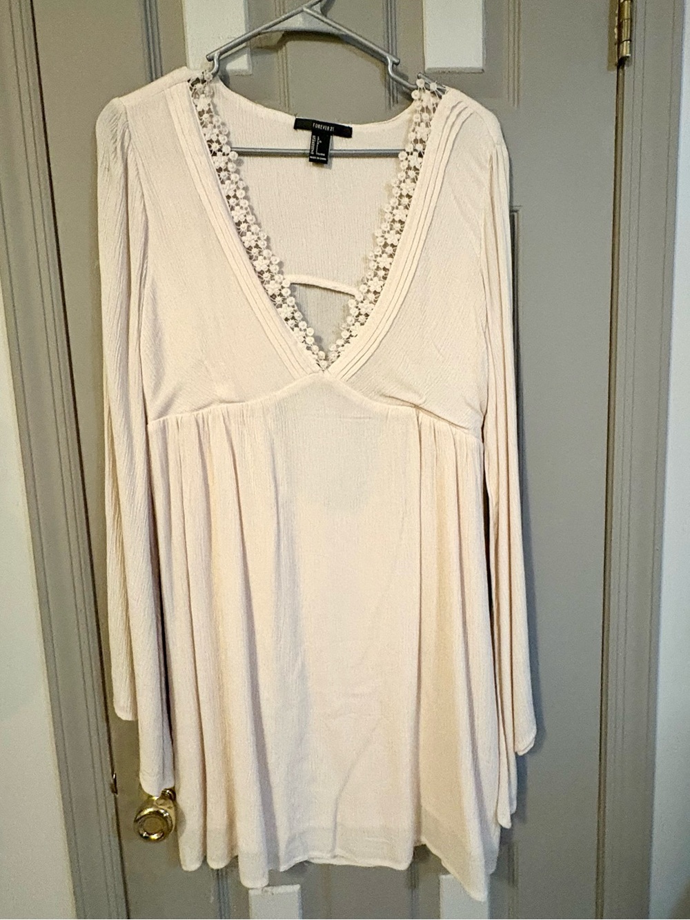 Forever 21 Cream V-Neck Long Sleeve Dress with Floral Trim